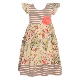 Bonnie Jean Little Girls Ivory Stripe Floral Print Short Sleeve Dress